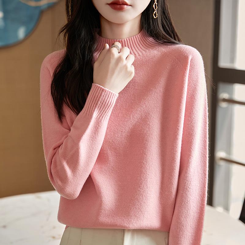 Women's Autumn/Winter Half-High Neck Thick Knit Pullover - Versatile, Loose, Slimming Solid Color Base Layer
