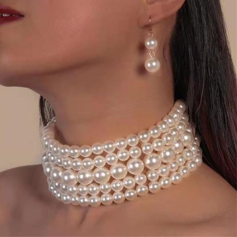 Fashion Faux Pearl Layered Necklace and Earrings Vintage Choker Necklace Jewelry Multi-Strand Pearl Choker Necklaces