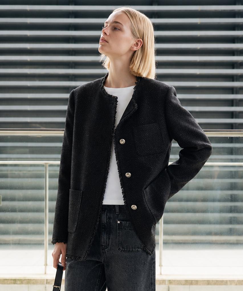 ARTID Oversized Collarless Tweed Jacket_Black