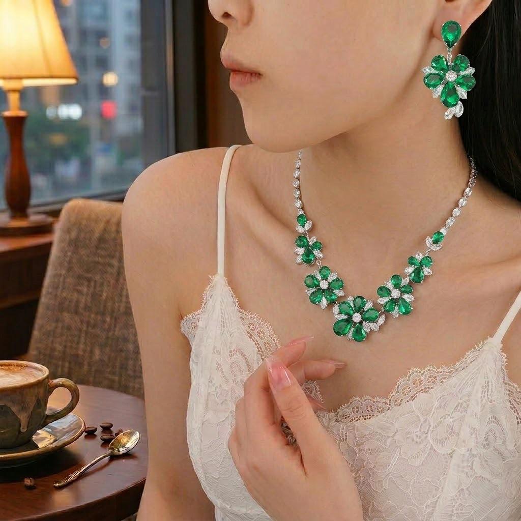 European Style Zircon Emerald Flower Necklace & Earrings Set