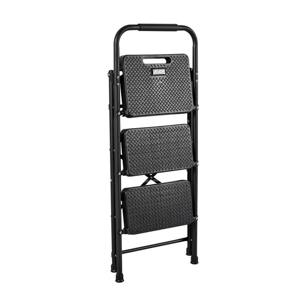 3 Step Ladder, Folding Step Stool with Wide Anti-Slip Pedal and Comfort Handgrip, Lightweight 272 kg Capacity Portable Steel Ladder, Multi-Use for