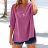 Women's Fashion Loose Standing Collar Button Split Cotton Linen Seven Sleeve T-Shirt Top