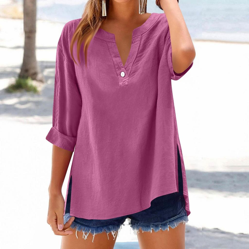 Women's Fashion Loose Standing Collar Button Split Cotton Linen Seven Sleeve T-Shirt Top