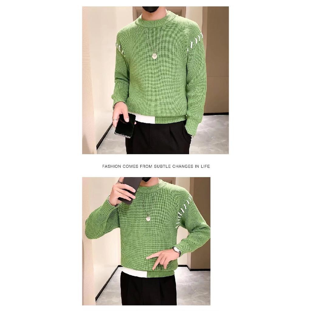 Spring 2024 Men's Sweater Patchwork Assorted Colors Skin-Friendly Fabric Fashion Versatile Top Casual Long-Sleeved Bottoming Shirt