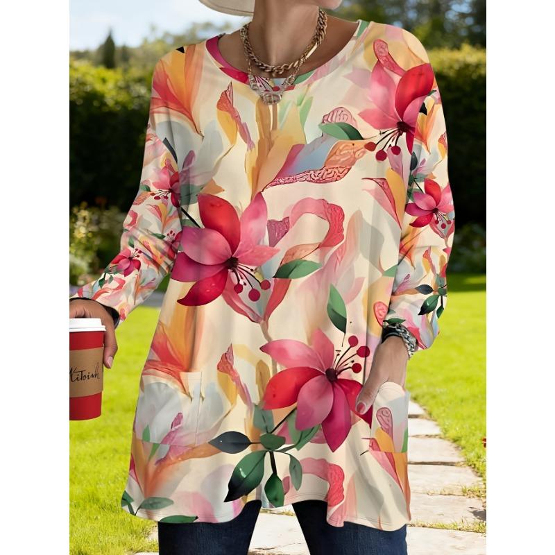 Women s Plus Size Printed Loose Long Sleeve T-Shirt with Pockets S