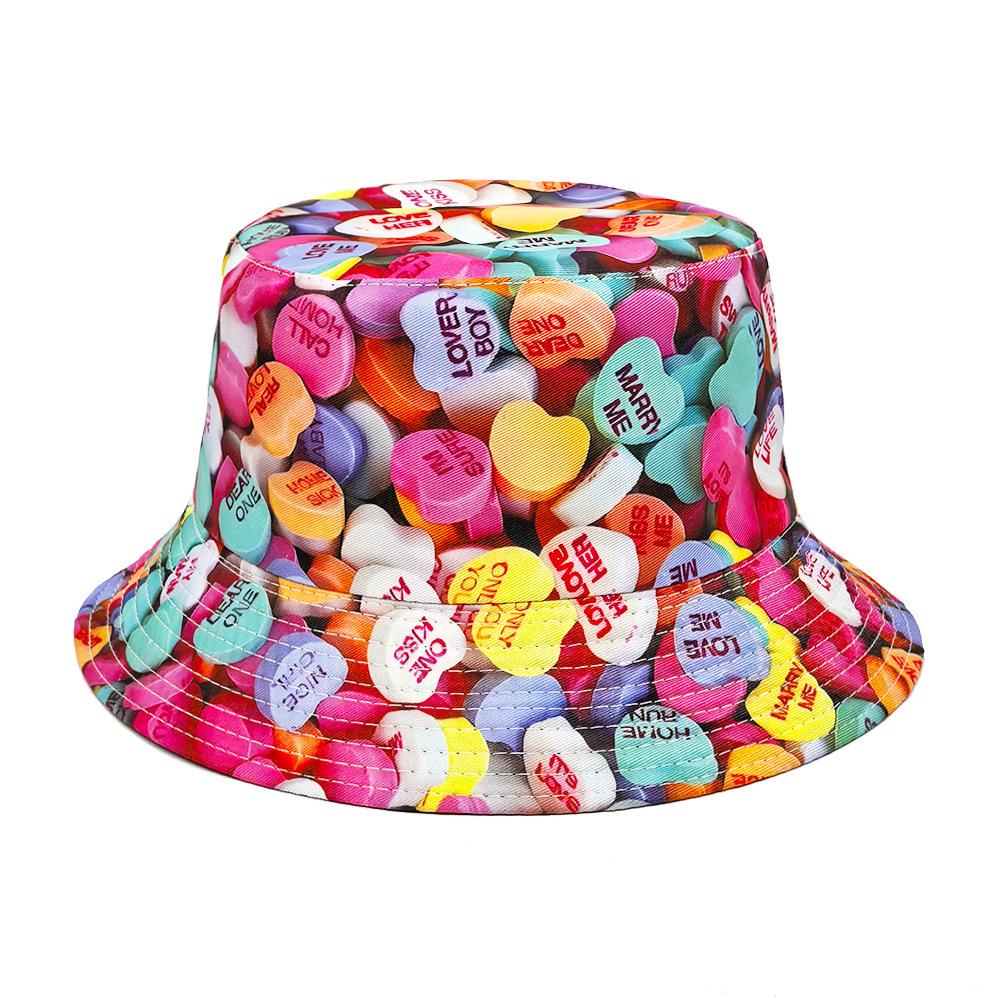 Zealous Sole Women's Heart Shaped Candy Pattern Panama Men Summer Outdoor Sunscreen Bucket Hats Love Decorate Fisherman Hat Sun Gorras 56-58Cm
