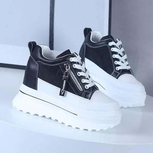 Fashion Women Sneakers High Platform Shoes 8cm Wedge Heels Outdoor Spring Autumn Leather Chunky Shoes Lace-up Casual Shoes Woman
