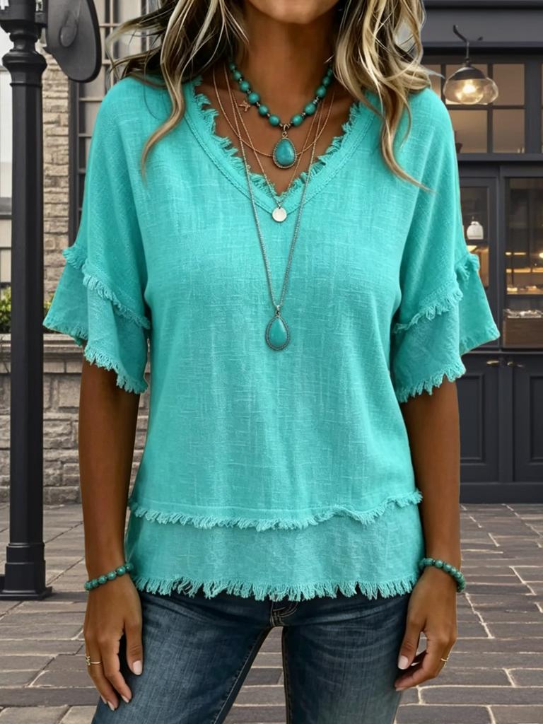 European and American New V-neck Pullover Short-sleeved Loose Women's Shirt Casual Women's Top