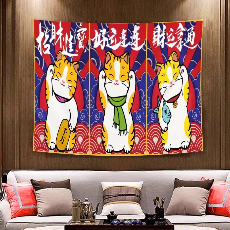 Maneki Neko Tapestry Wall Hanging Japanese Lucky Cat Rising Sun Wave Red Blue Aesthetic Wall Art Living Room Decor
