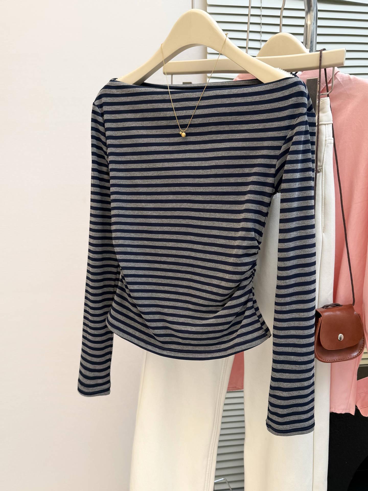 Korean Striped One-Shoulder Long-Sleeve T-Shirt: Women s Fashion 2025 XL