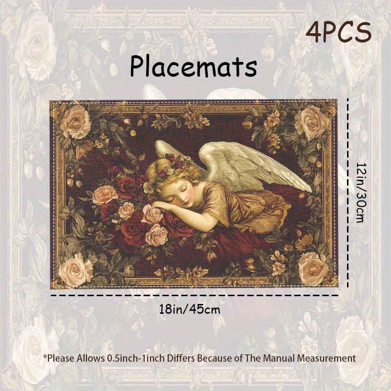4pcs Vintage Baroque Style Tapestry Design with Angel Surrounding Printed Placemats, Washable Dining Table Mats, Perfect for Holiday Party Kitchen and