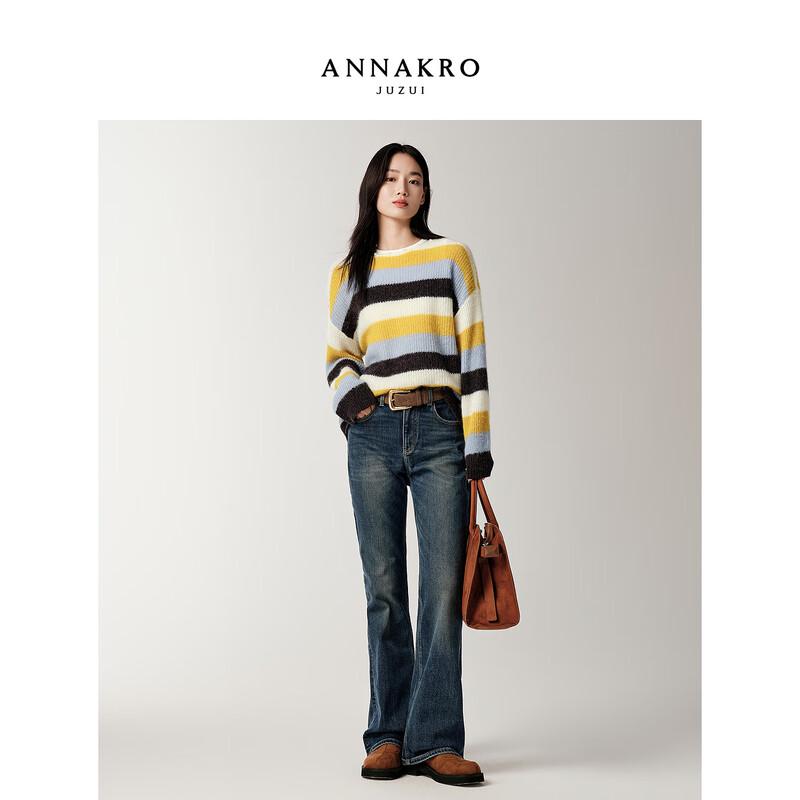 JZ ANNAKOO Women's Striped Wool Blend Drop Shoulder Knit Sweater