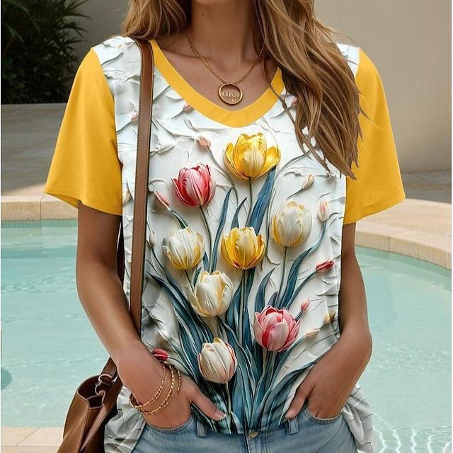 Vintage Women Floral Print T Shirt Short Sleeve V Neck Tops Comfortable T-shirts
