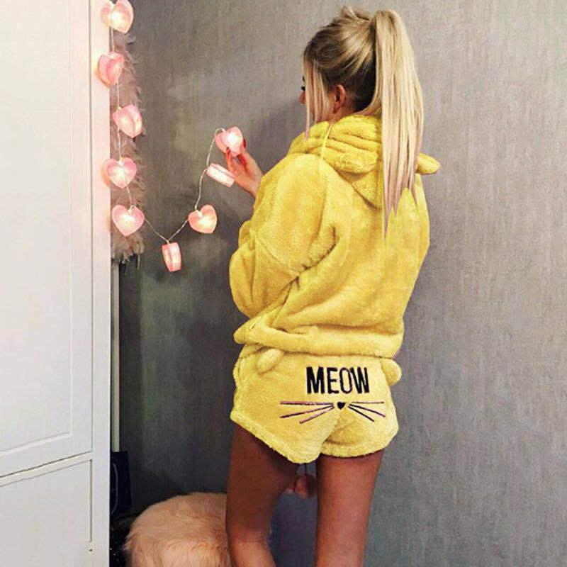 Dámská móda Jednobarevná teplá zimní pyžamová souprava Dvoudílné roztomilé kočičí pyžamo s kapucí Noční oblečení plus size S-5XL