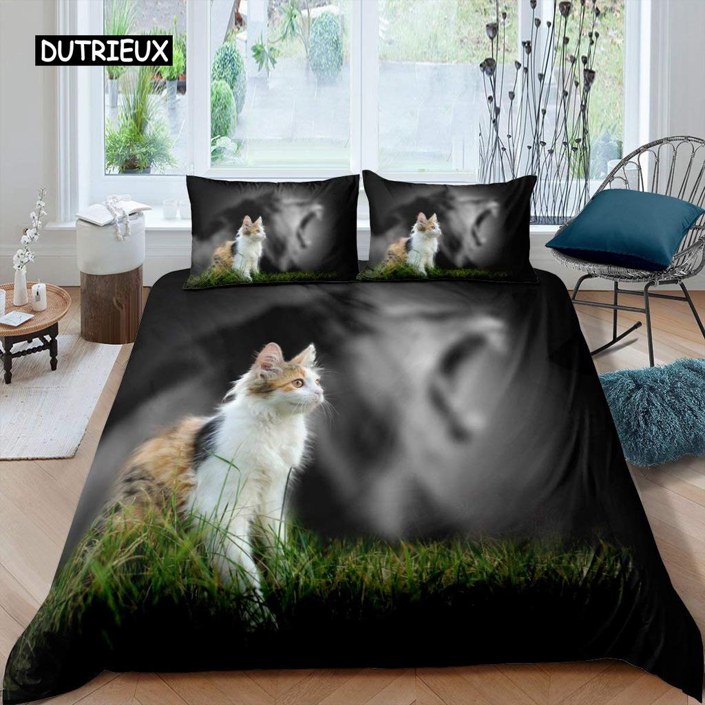 White Cat Flower King Queen Duvet Cover Kitten Bedding Set Pet Animal Polyester Quilt Cover Girls Pink Floral Comforter Cover