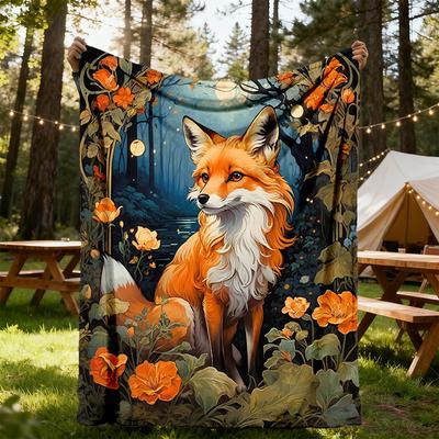 1pc Fox Forest Flowers Flannel Blanket, Comfortable and Warm Blanket, for Camping Sofa Bed and Couch Office016