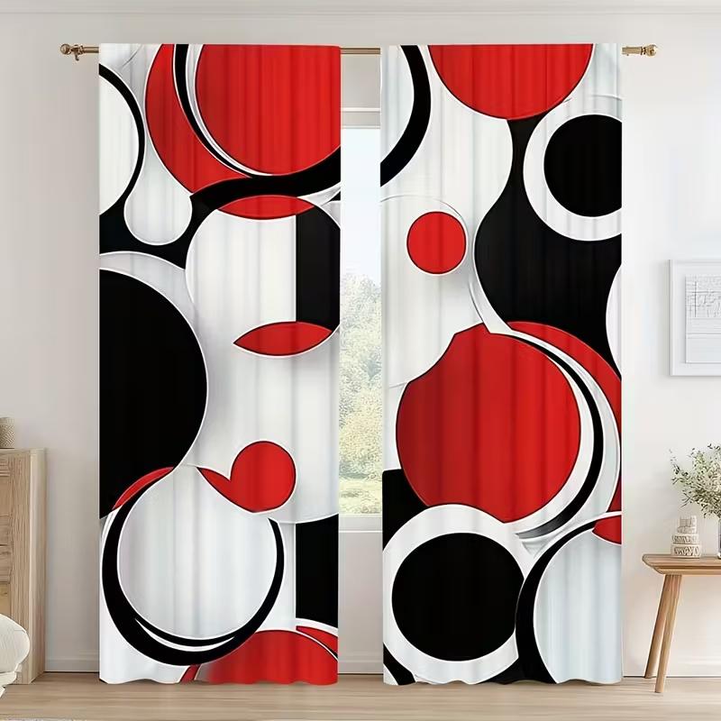 2 Pcs Black And Red Circles Print Curtains,Suitable For Bedroom,Living Room Kitchen Decoration,Home Decoration,Window Decoration