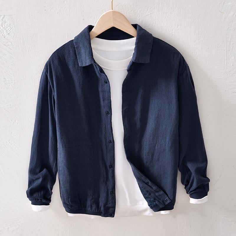

L952 Men s Casual Ramie Baseball Jacket, Loose-Fit Youth Autumn Top in Cotton Linen. L синий