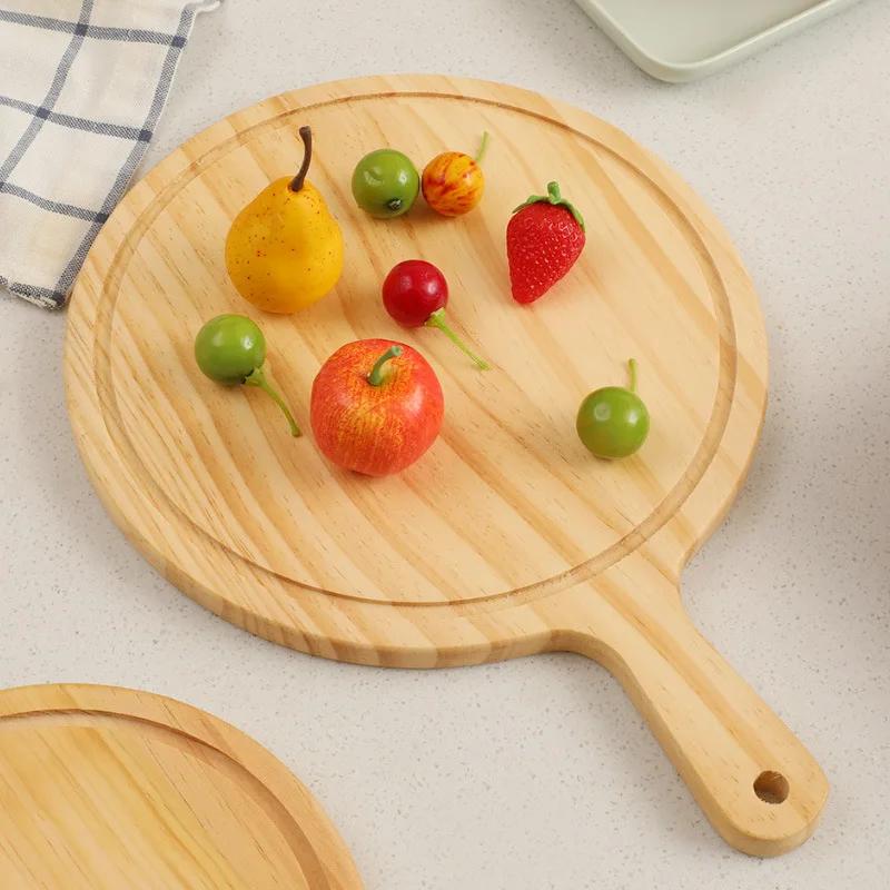 HeMu Wooden Cutting Board Pine Wood Pizza Board with Handle Round Portable Wooden Dinner Plate Kitchen Fruit Steak Tray