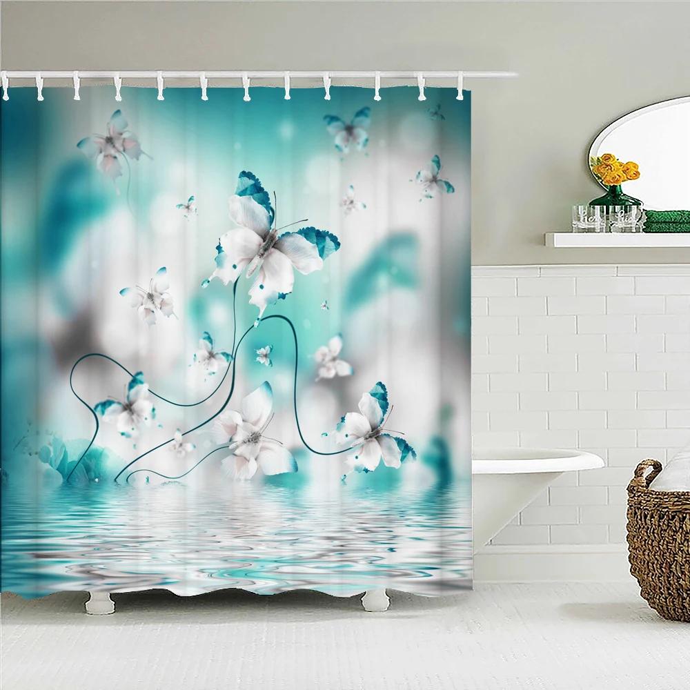 Beautiful Butterfly Shower Curtains Waterproof Fabric Colored Flowers Bath Curtain Bathroom Bathtub Decoration with Hooks