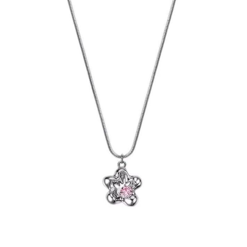 Blumen Hohl Anhänger Halskette Inlay Zirkon Stern Rosa Herz Hals Schmuck Für Frauen Mädchen Ästhetische Halskette Schlüsselbein Kette