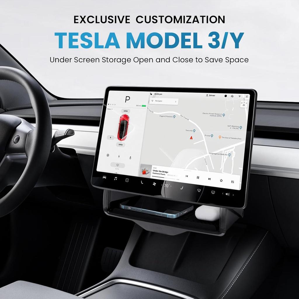 Hideable Under Screen Storage for Tesla Model Y Model 3,Center Console Organizer Tray with Black Anti-Slip Silicone Pad - Model Y 3 Accessories