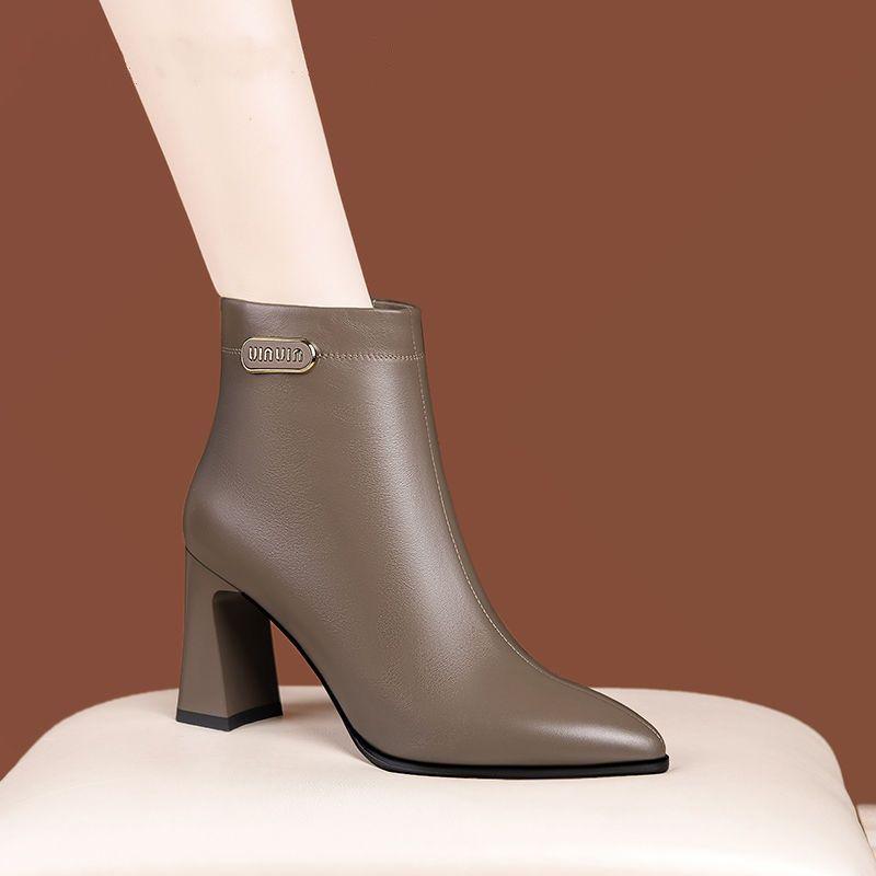 Women's High Heel Soft Leather Ankle Boots, 2025 Autumn Winter Collection, Pointed Toe, Plus Velvet.