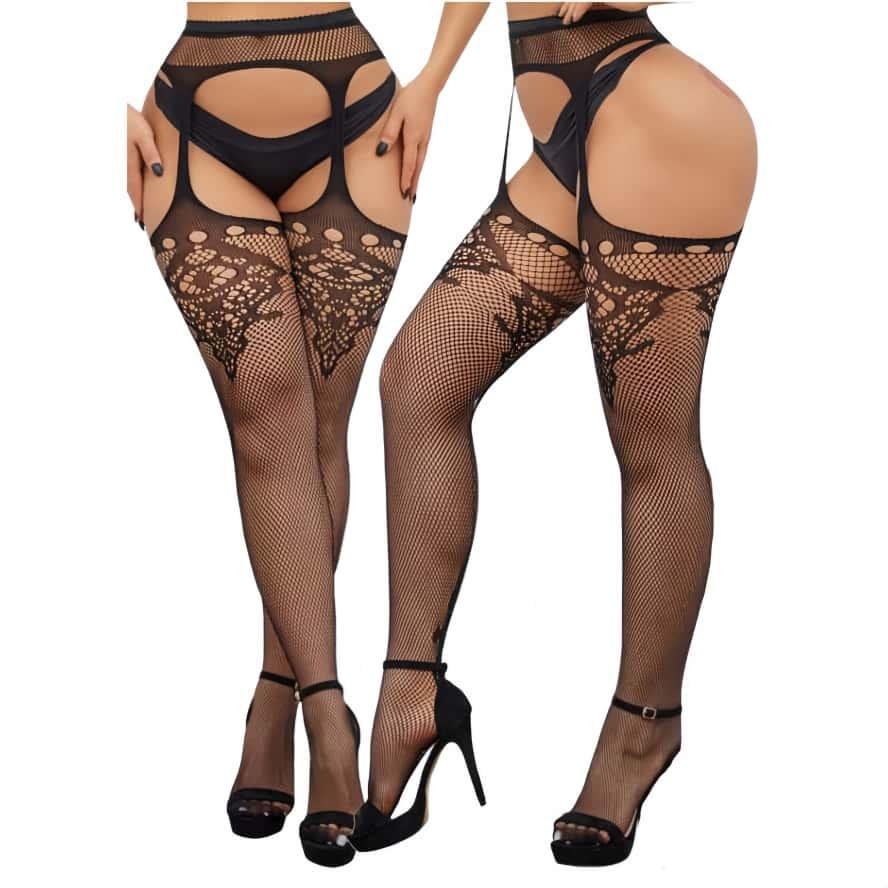 Freeauce Woman Plus Size Fishnets Open Crotchless Pantyhose Knee Thigh High Lace Sexy Stockings With Garter Belt Tights 5Xxxxxl