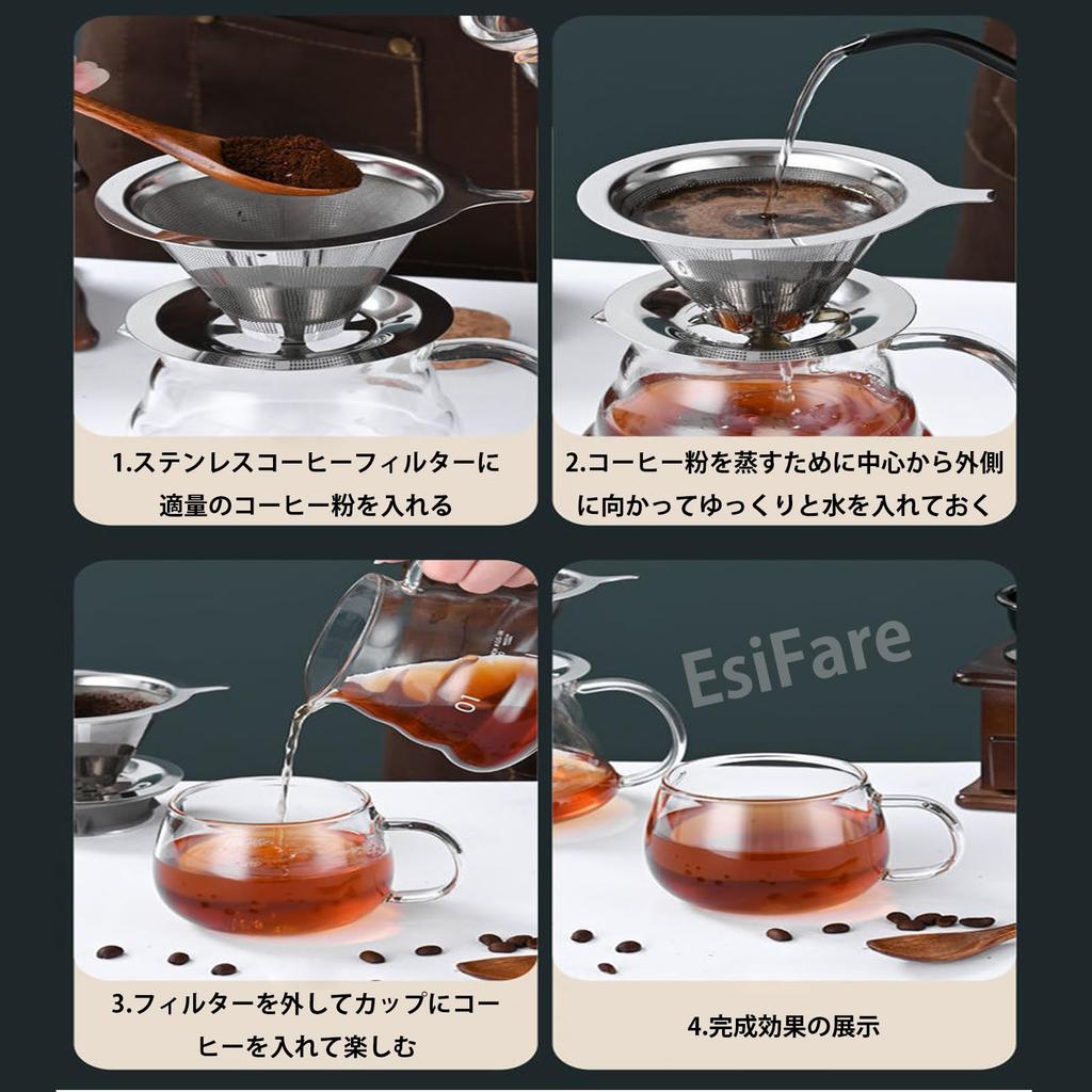 EsiFare Coffee Stainless Steel Coffee Filter with Coffee Filter Conical Filter with 800 Mesh Filter, Double-Layer Mesh, One-Piece Base, Reusable,