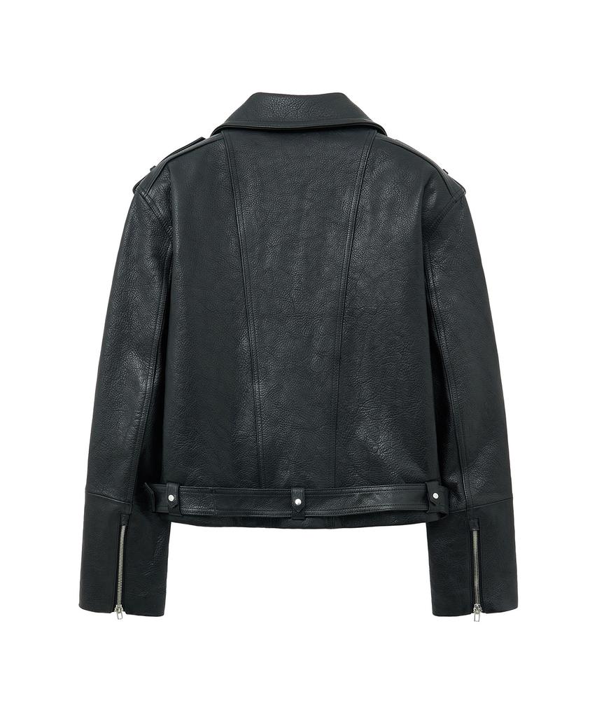 Noirer Antique Cow Leather Crop Rider Jacket (Black)