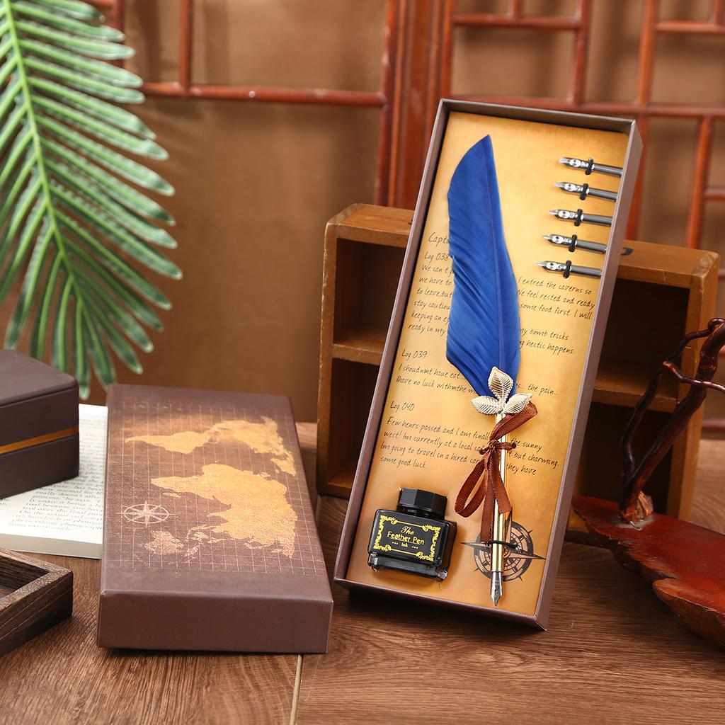 Retro Feather Dipped Pen Set, Solid Color Quill Pen Can Replace Nib Creative Holiday Gift