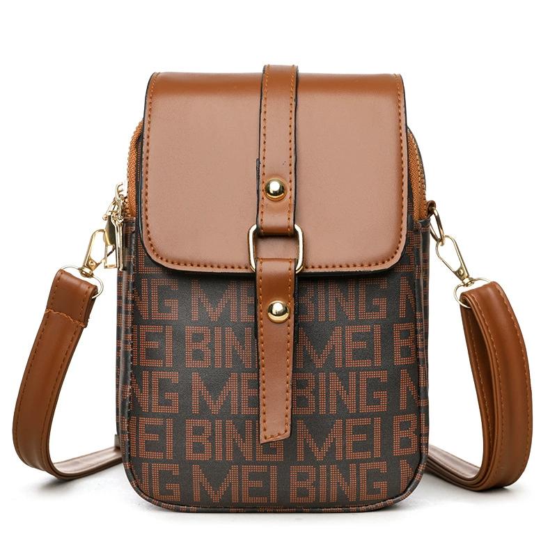 Women’s Crossbody Phone Bag, PU Leather Small Shoulder Purse with Flap & Zipper, Vintage Letter Print Mini Bag