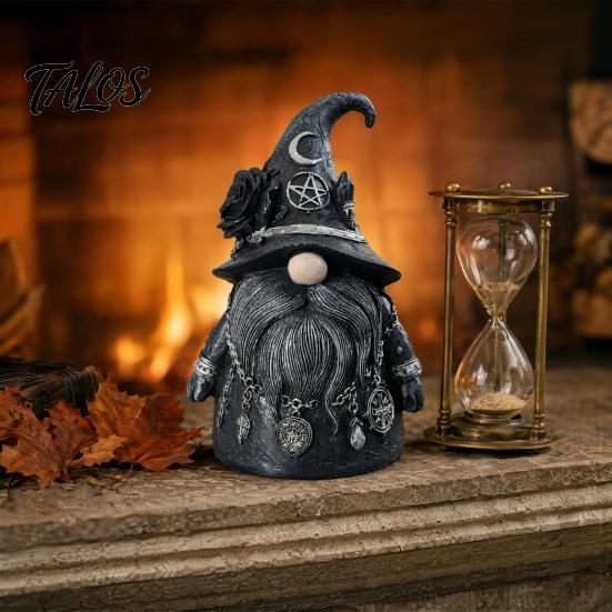 Witch-themed Display Wizard Hat Faceless Gnome Figurine, Mystical Home Decor Statue with Crescent Pentagram Black Rose Study Desk Ornament Rune