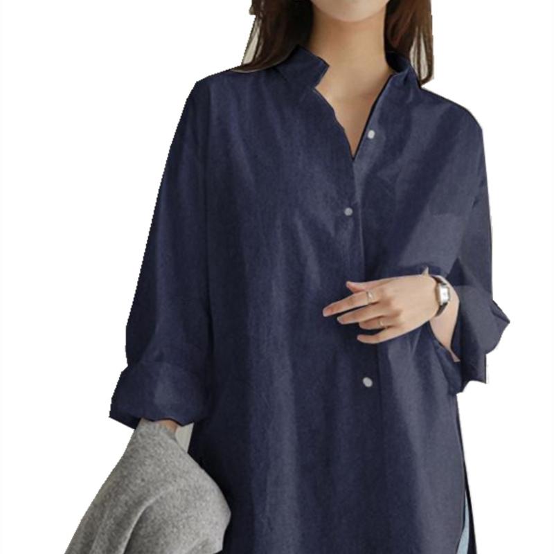 Women's Oversized Lapel Shirt - Elegant Long-Sleeve, Solid Color, Slit Hem for Spring and Autumn