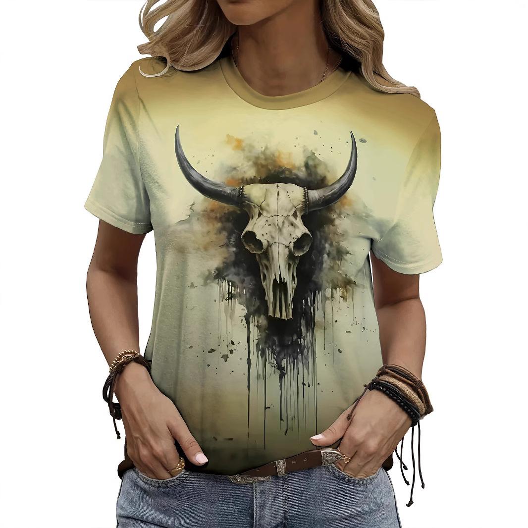 

Летняя футболка с круглым вырезом в стиле ретро с 3D-принтом в виде головы быка, модная повседневная женская футболка с коротким рукавом S