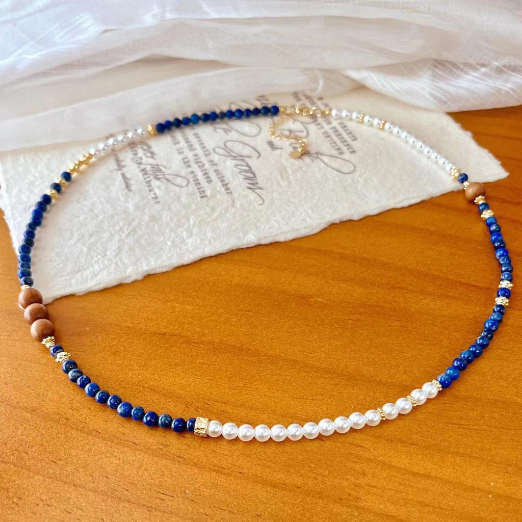 Vintage Natural Lapis Lazuli Sandalwood Autumn And Winter Merad Small Long Chain Sweater Chain Necklace Collarbone Chain