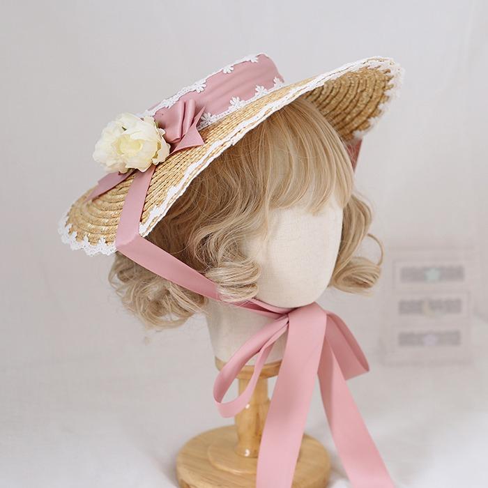 

Handmade Elegant Flowers Straw Hat Multi Colored Bonnet Flat Hat Lolita Cosplay Ribbon Straw French Hat for Beach Vacation