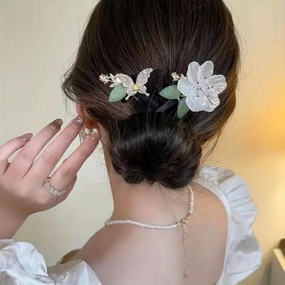 Decorazione a forma di camelia a farfalla, fai da te, elegante, con strass e perle finte, arricciacapelli pigro, accessorio per acconciatura francese, chignon