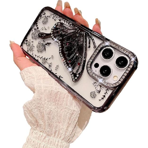 Caseative for iPhone 16 Pro Max Case,Glitter Bling Diamond Camera Frame Quicksand Butterfly Flower Phone Case (Black,16 Pro Max)