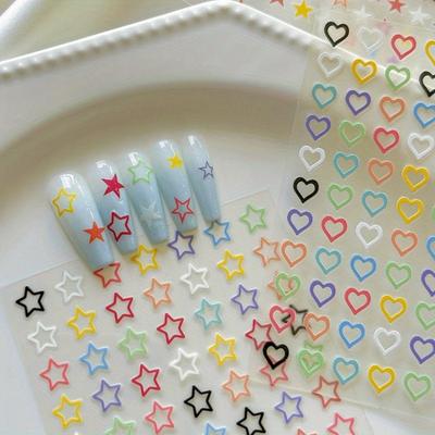 Bunte fünfzackige Sterne, Herz-Nagelsticker, Dünne und robuste flache Nageldekorationssticker mit Kleberückseite