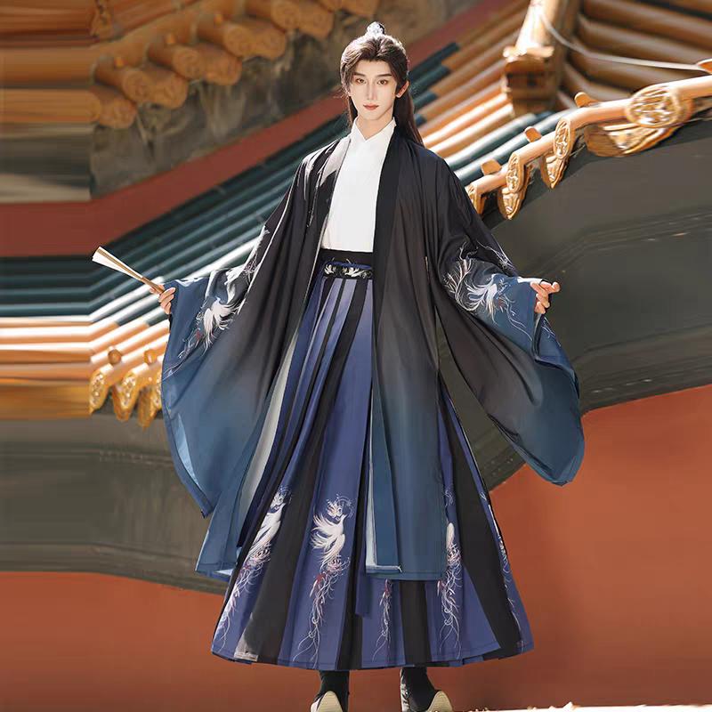 Chinese Wei And Jin Dynasty Style Hanfu For Male And Female Knights Printed Cross-collar Waist-length One-piece Skirt, Daily Suit