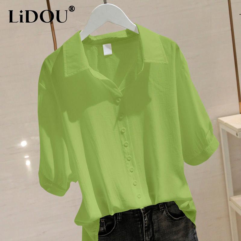 

Summer New Korean Fashion Solid Lapel Buttons Simple Oversized Short Sleeve Shirt Female Loose Casual Fruit Green Blouse Blusas M фіолетовий