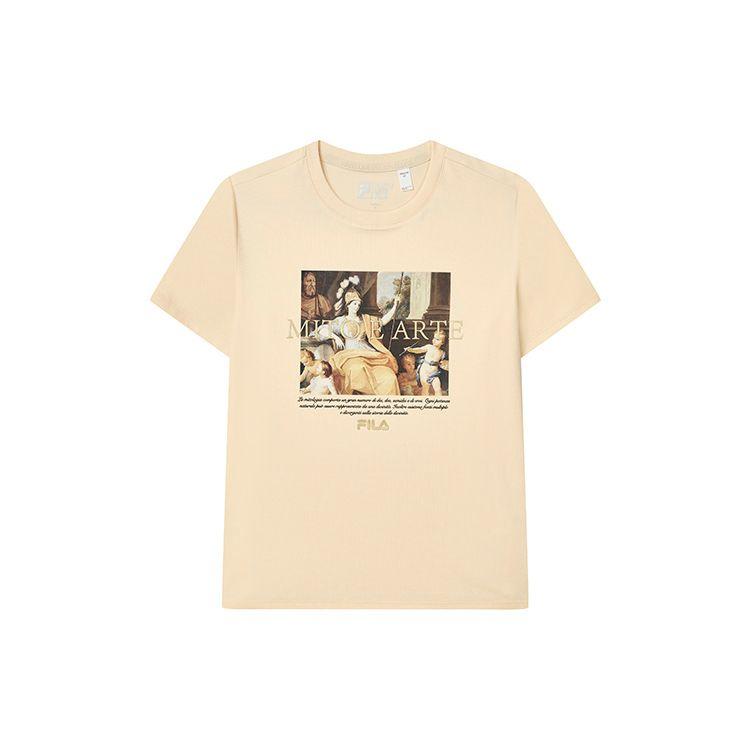 Fila Round Neck Oil Painting Character Letter Print Breathable Casual Short Sleeve T-Shirt Women Tops Pale-Yellow F11W238101FBG