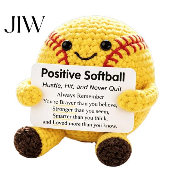 Hand Woven Doll with Encouraging Words Knitted Positive Sports Ball Plush, Emotional Support Motivational Card Encouragement Card, Cute Desktop Mascot
