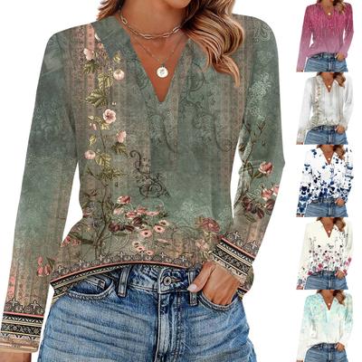 Women's Fashion Casual Lapel Short Long Sleeve Print Shirt Women's V-Neck Tops