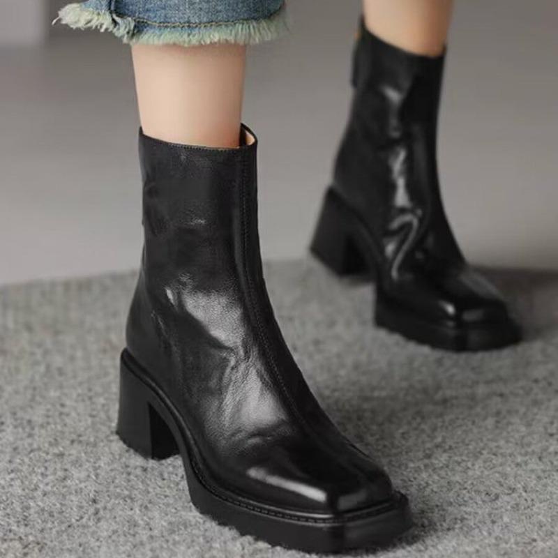 Damen Chelsea Boots Neu Runde Zehenpartie Blockabsatz Damenstiefel Outdoor High Heel Reißverschluss hinten Lederstiefel Zapatos Mujer D475