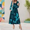 Women Plus Size V Neck Long Sleeve Sunflower Print Black A Line Midi Dress With Pockets
