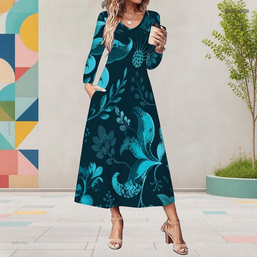 Women Plus Size V Neck Long Sleeve Sunflower Print Black A Line Midi Dress With Pockets