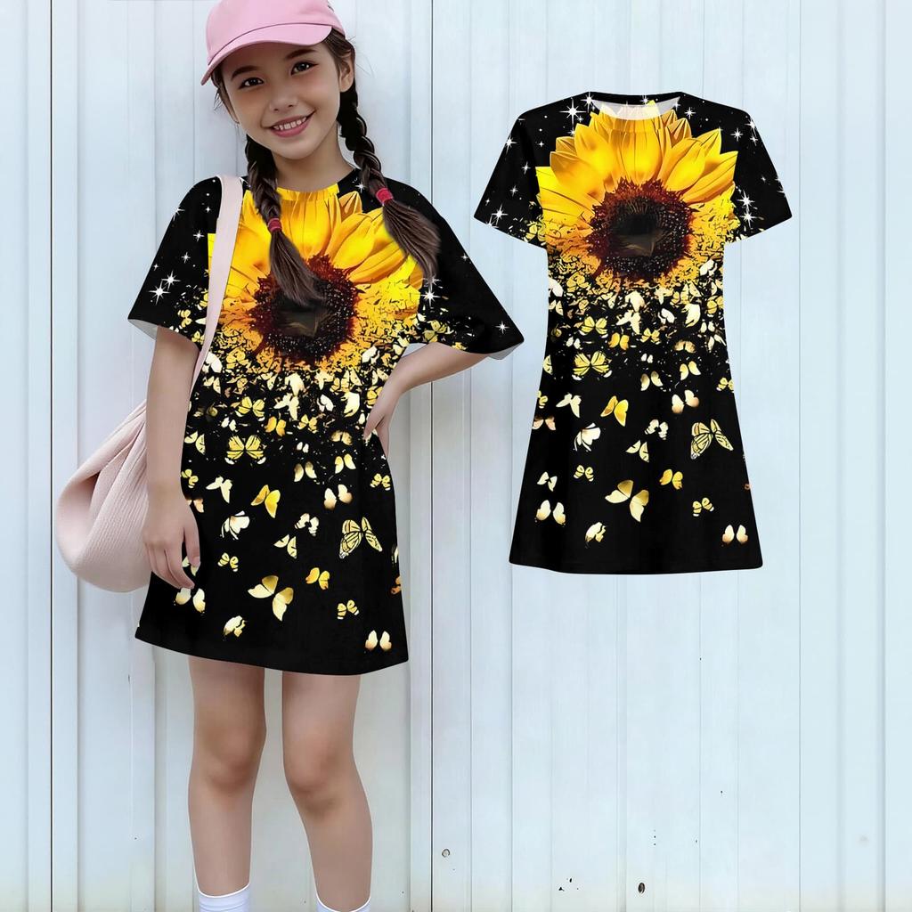 Girls Print Casual Dress Kids Loose Round Neck Short Sleeve Thin Sundress