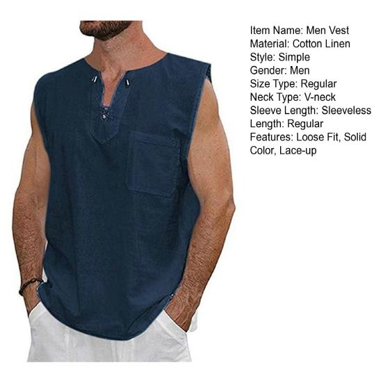 Erkekler Yaz Tankı Üstleri V Yaka Dantel-up Kolsuz Düz Renk Gömlek Tops Gevşek Yama Cep Tees Gömlek streetwear